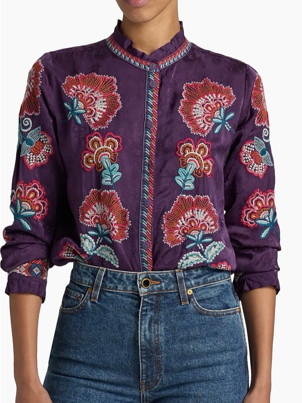 Johnny Was Simone Floral-Embroidered Blouse Purple Size Small NWT